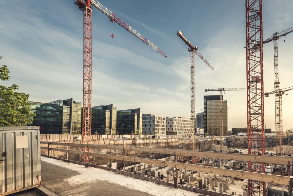Construction site with tower cranes